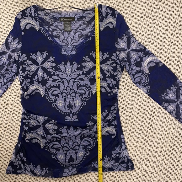 INC V neck Blue/White Motif Sheer Top - Picture 6 of 8